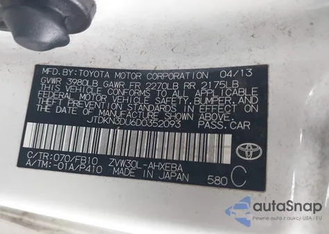 2013 Toyota Prius Two z USA, uszkodzony, nr VIN JTDKN3DU6D0352093